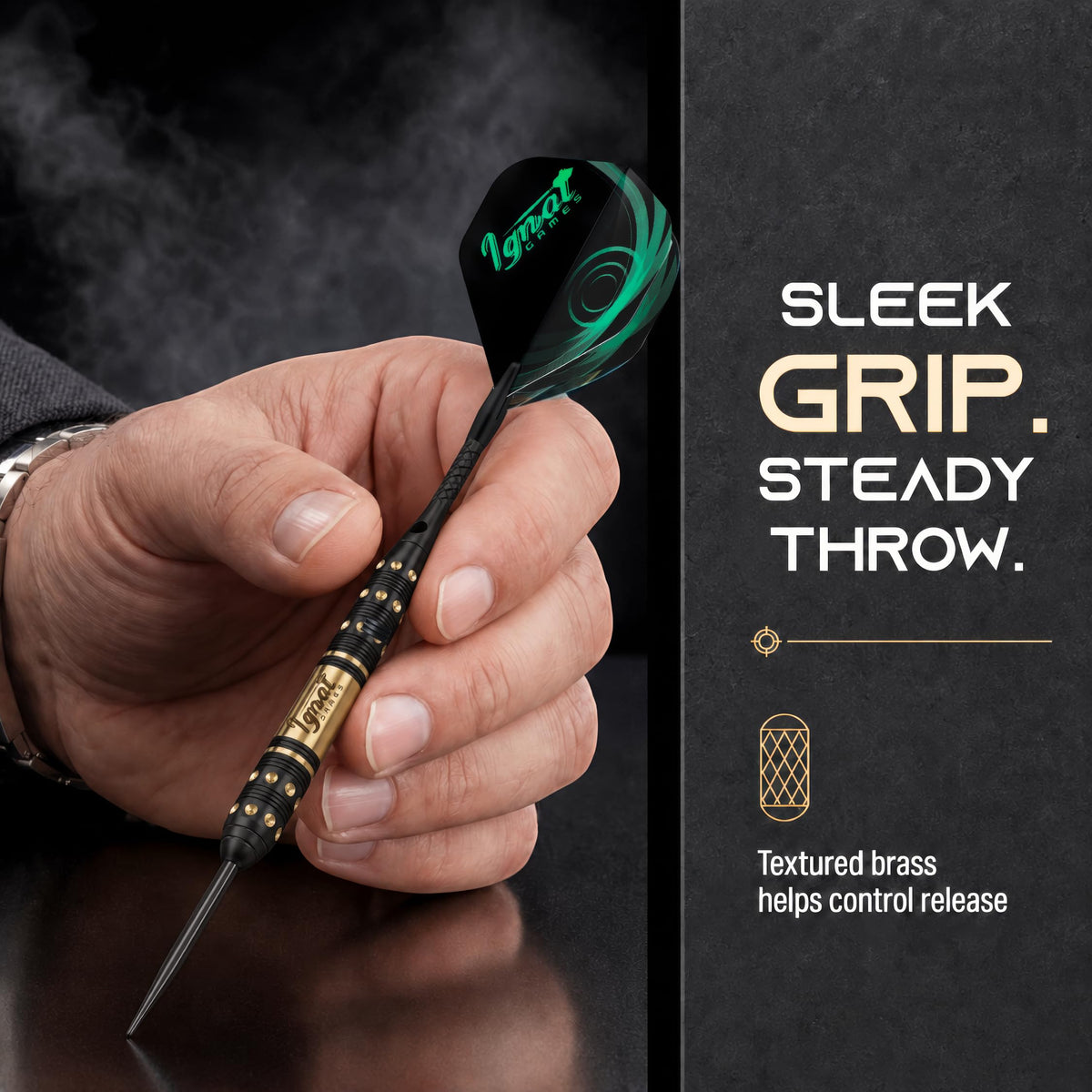 Hand holding an IgnatGames Darkborn Gothic Crystal 18 g steel tip dart