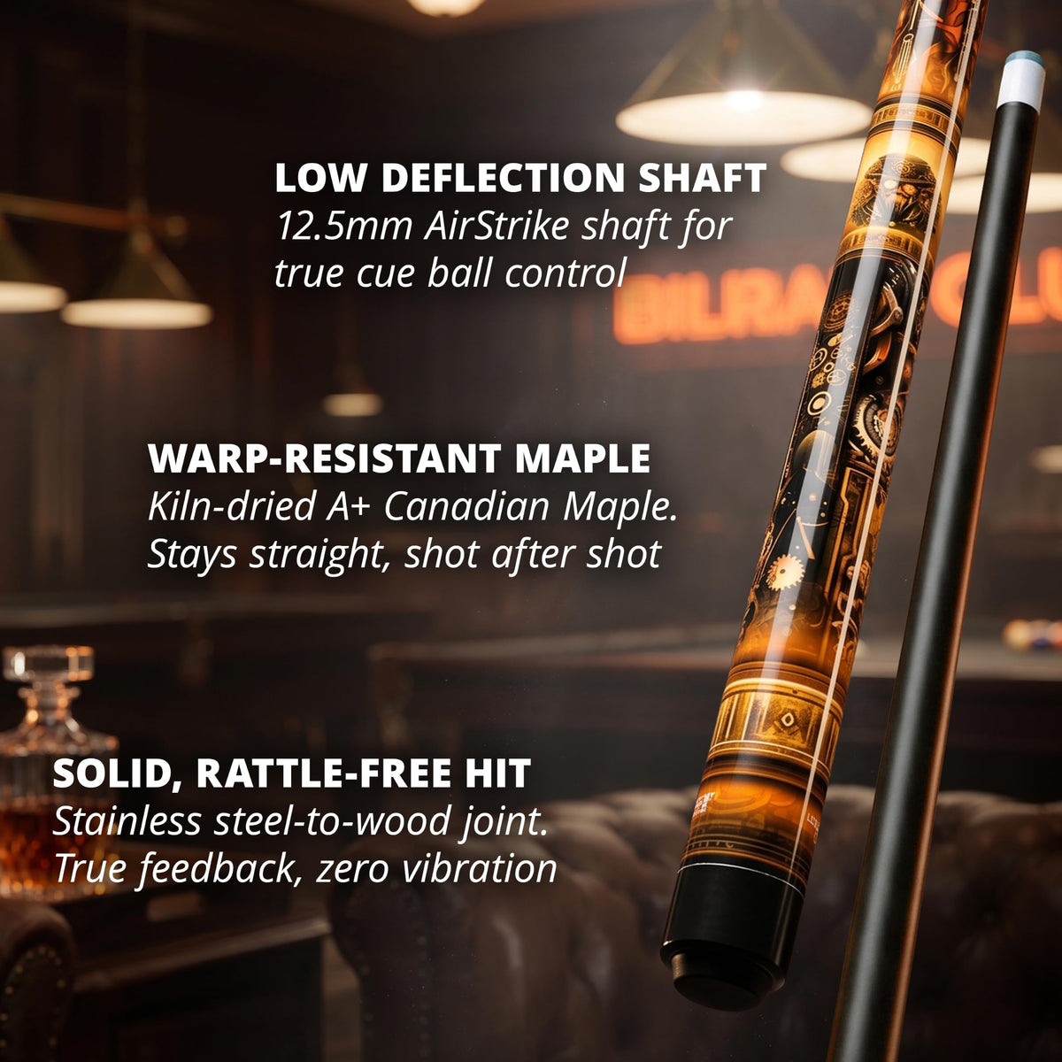 Close-up of the IgnatGames Brassbolt pool cue shaft, joint and butt in a pool hall