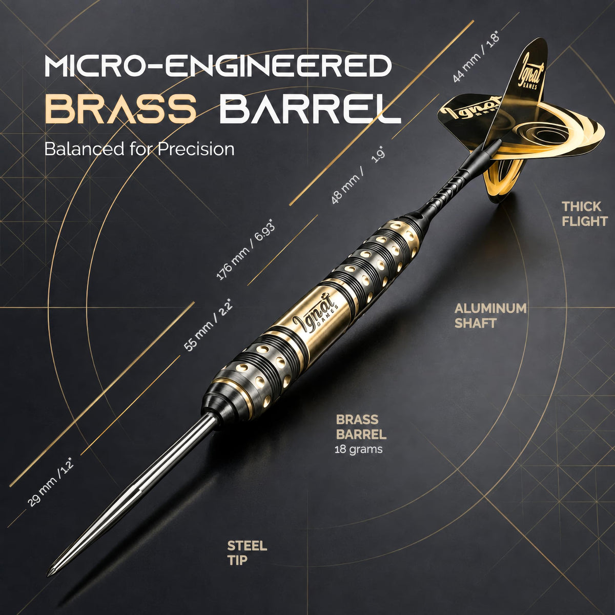 IgnatGames Darkborn Gothic Crystal 18 g steel tip dart with brass barrel, aluminum shaft and flight, with dimensions
