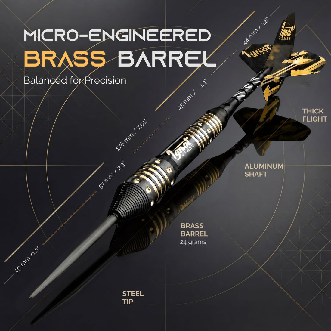 IgnatGames Darkborn Poison Arrow 24 g steel tip dart with brass barrel, aluminum shaft and flight, with dimensions