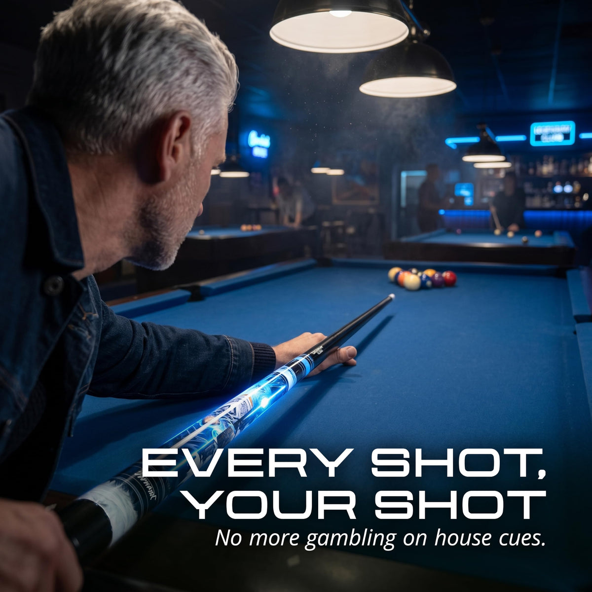 Player lining up a shot on a pool table with the IgnatGames Frostbyte pool cue