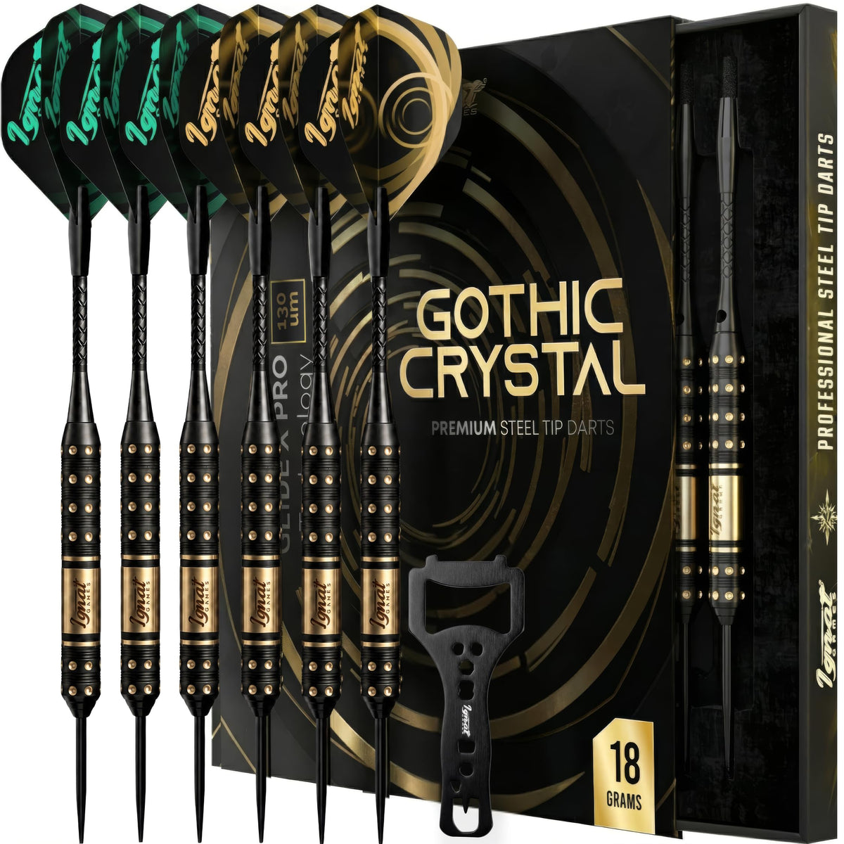 IgnatGames Darkborn Gothic Crystal 18 g steel tip darts, 6 darts with dart wrench in front of the gift box