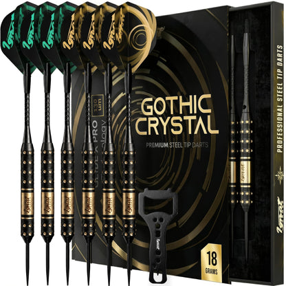 IgnatGames Darkborn Gothic Crystal 18 g steel tip darts, 6 darts with dart wrench in front of the gift box