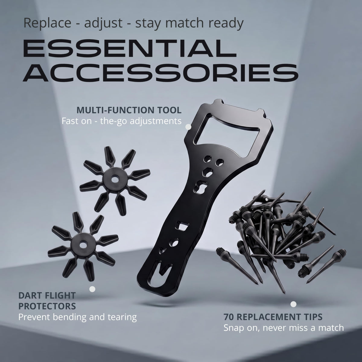 Multi-function dart tool, flight protectors and replacement soft tips from the Urban Legends LA Starlight set