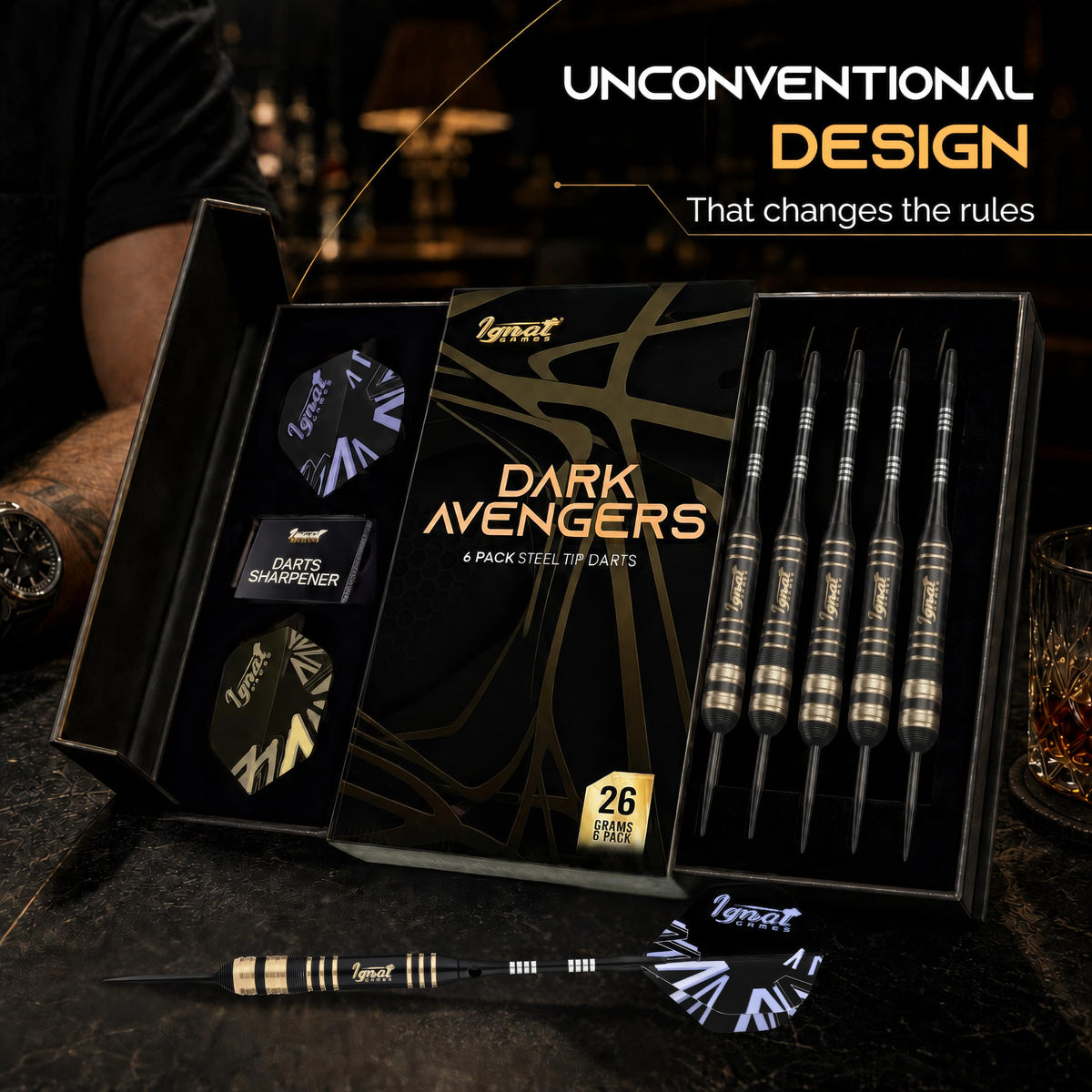IgnatGames Darkborn Dark Avenger 26 g steel tip darts in the open gift case with spare flights and sharpener