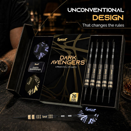 IgnatGames Darkborn Dark Avenger 26 g steel tip darts in the open gift case with spare flights and sharpener