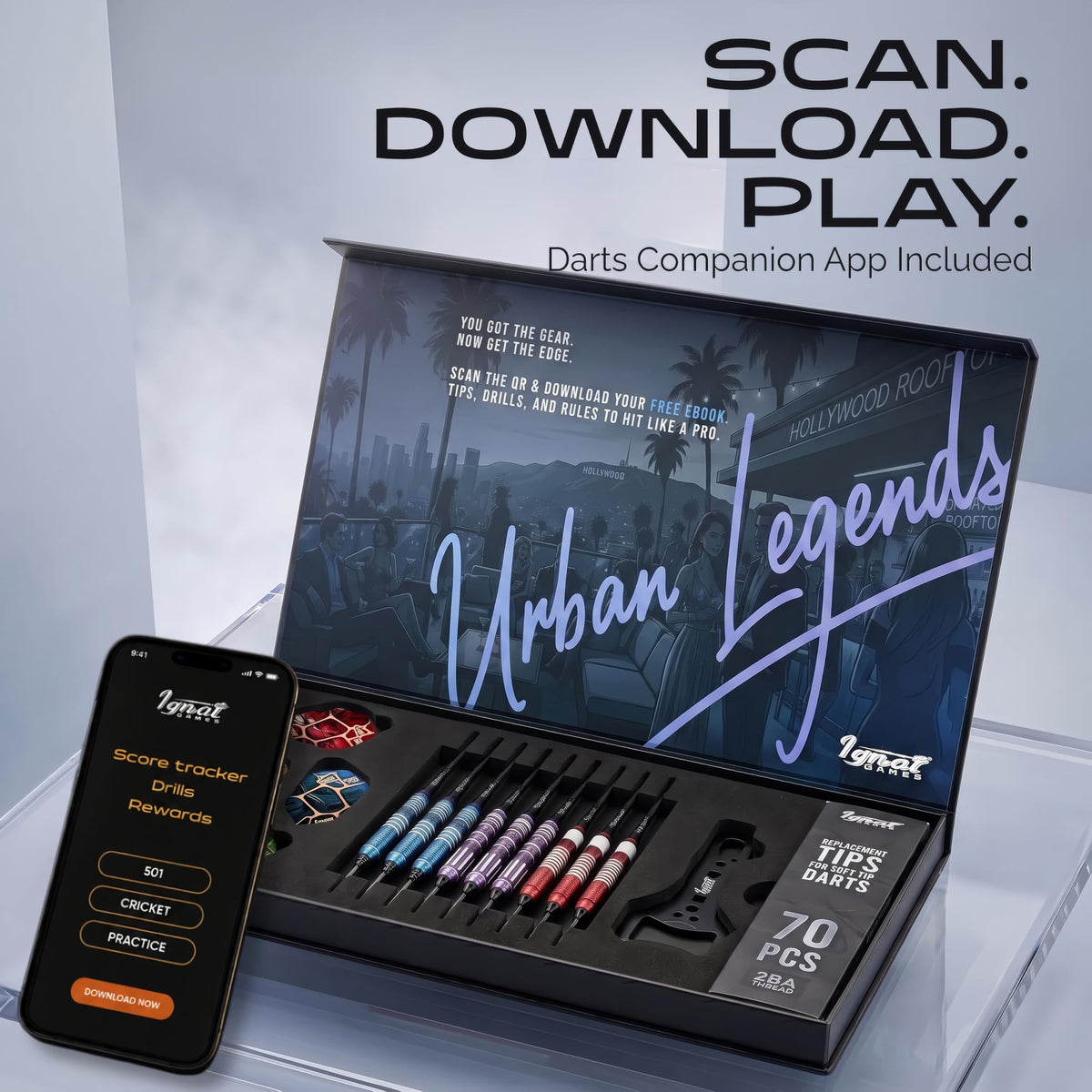 IgnatGames Urban Legends LA Starlight soft tip darts in the open case next to a phone with the IgnatGames darts app