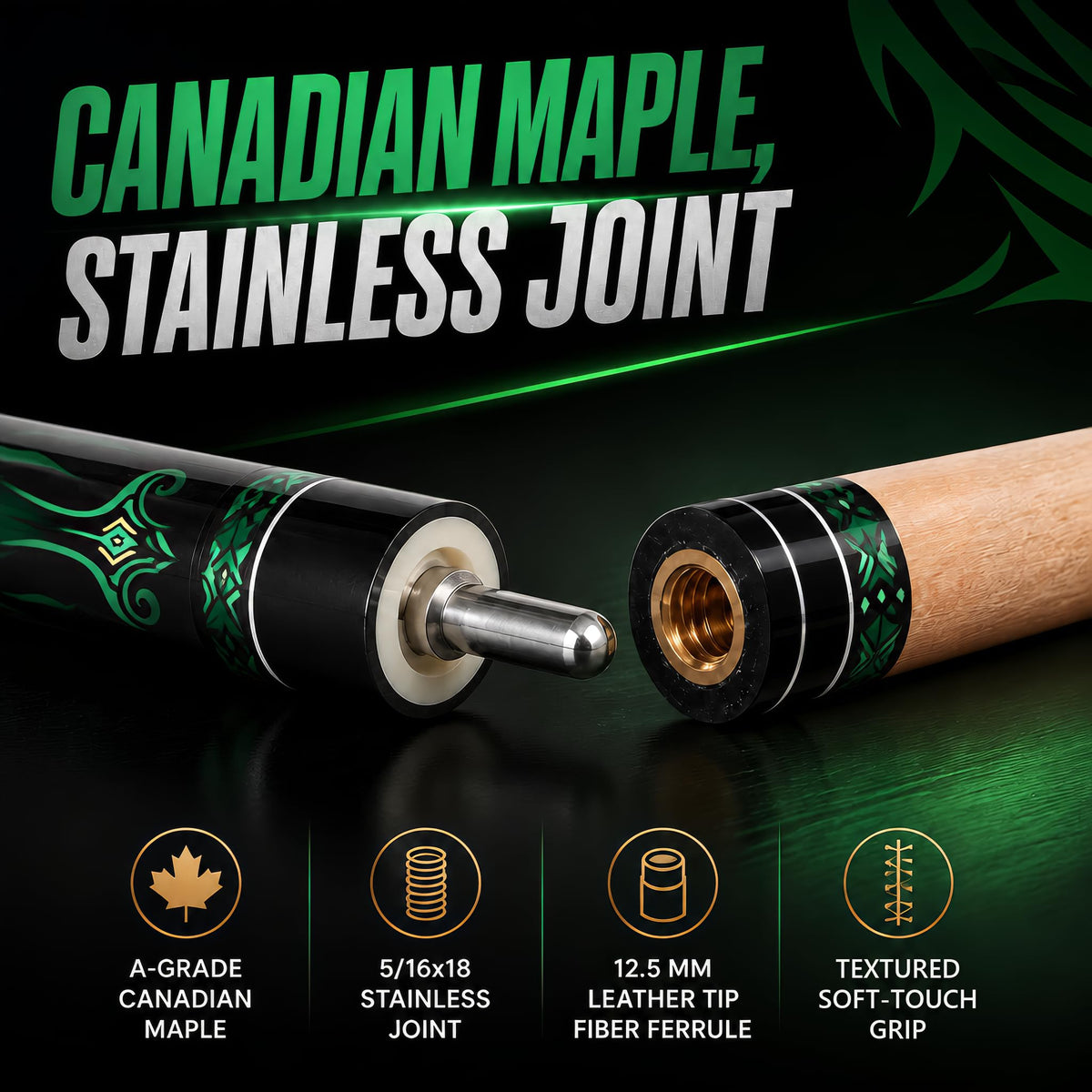 Stainless steel joint and Canadian maple shaft of the IgnatGames Tribal Vanguard Green pool cue