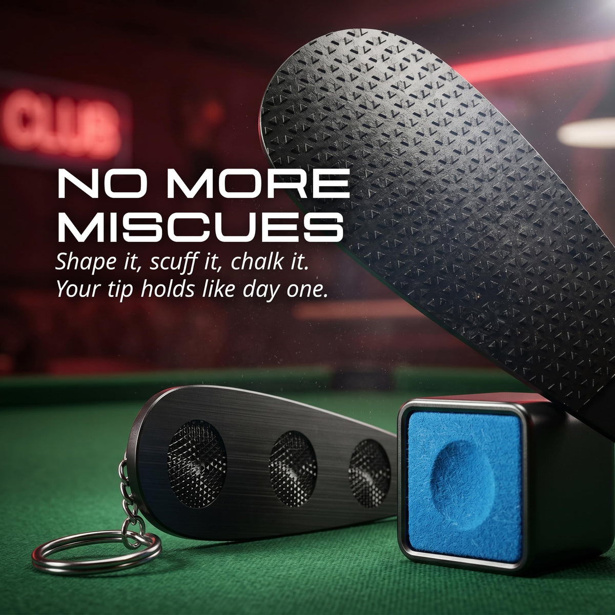 Tip tool and chalk holder with blue chalk included with the IgnatGames Flamestorm pool cue