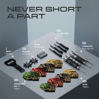 Contents of the IgnatGames Urban Legends Texas Bullseye 12-pack: barrels, aluminum shafts, flights, flight protectors, wrench and sharpener