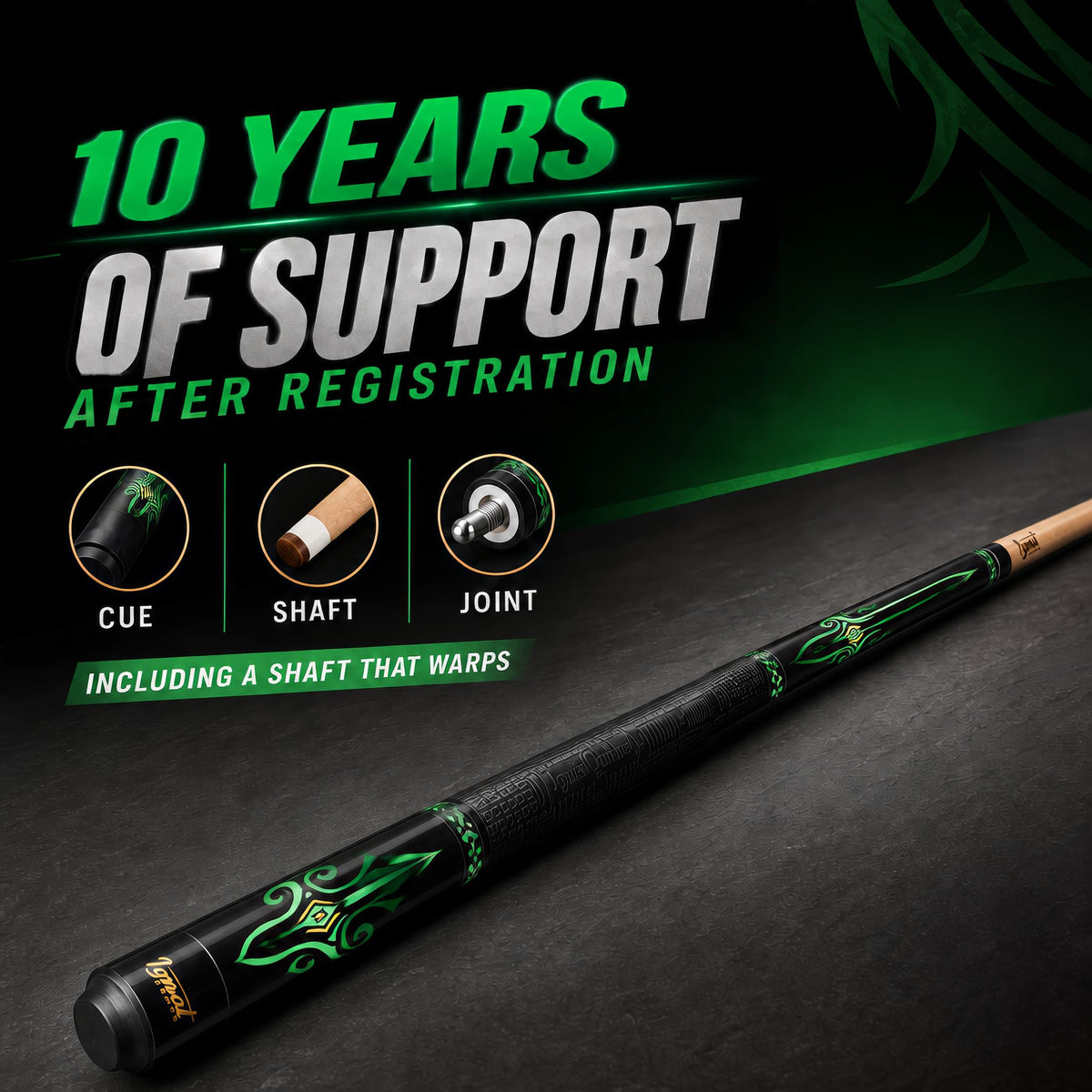 IgnatGames Tribal Vanguard Green pool cue with the 10-year support after registration for cue, shaft and joint