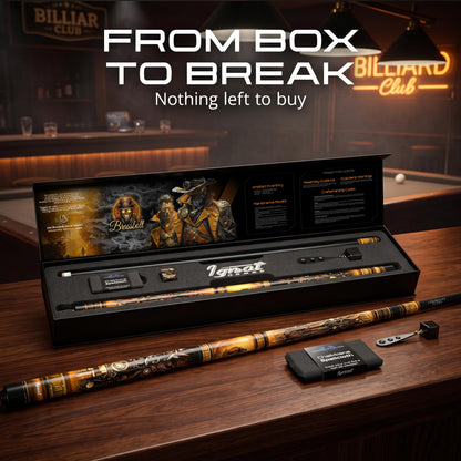IgnatGames Brassbolt pool cue set in its box on a bar counter, with tip tool, chalk holder and cleaning cloth