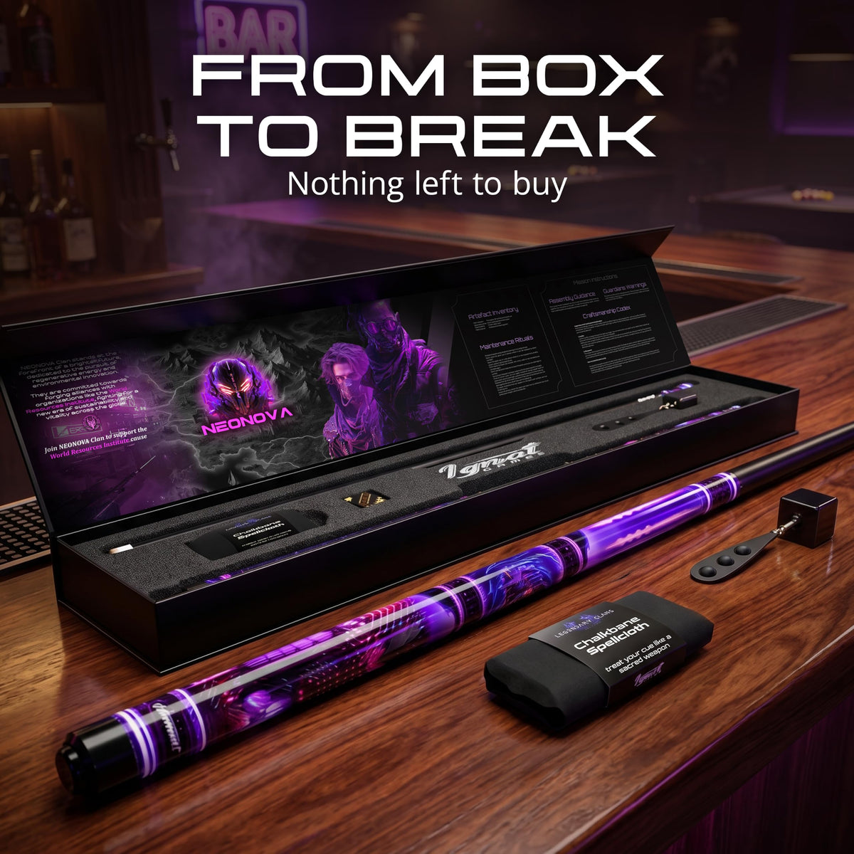 IgnatGames Neonova pool cue set in its box on a bar counter, with tip tool, chalk holder and cleaning cloth