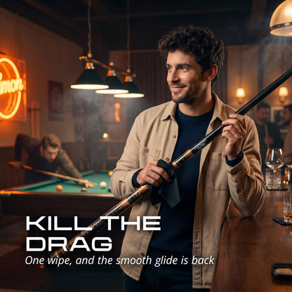 Player wiping the IgnatGames Brassbolt pool cue shaft with a cloth in a pool hall