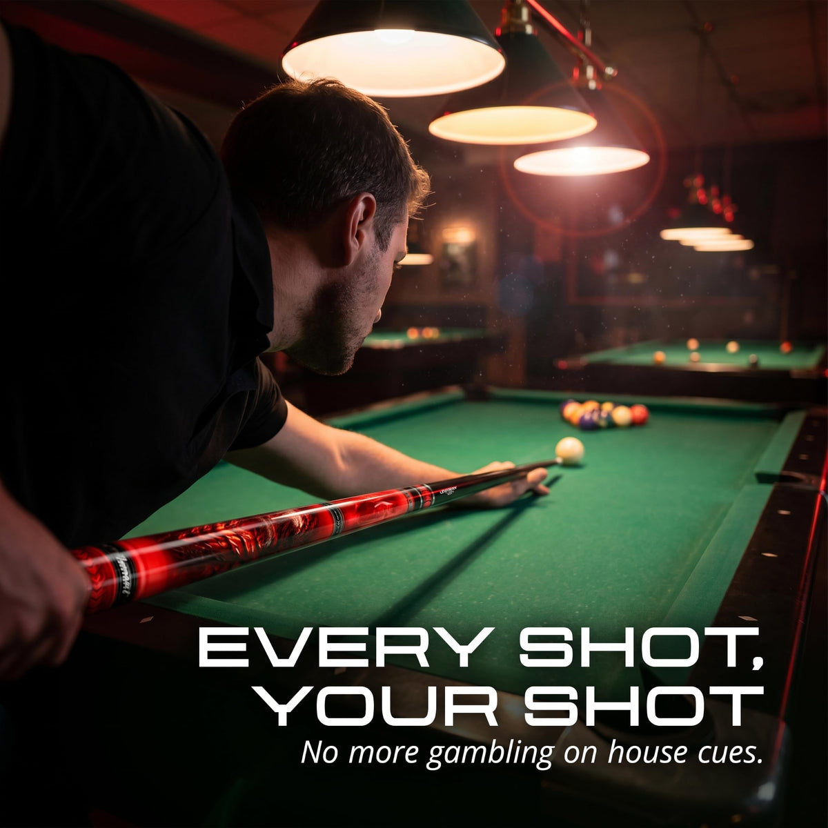 Player lining up a shot on a pool table with the IgnatGames Flamestorm pool cue