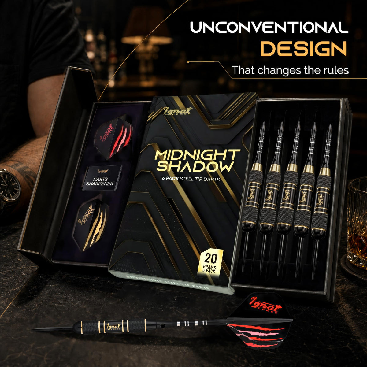 IgnatGames Darkborn Midnight Shadow 20 g steel tip darts in the open gift case with spare flights and sharpener