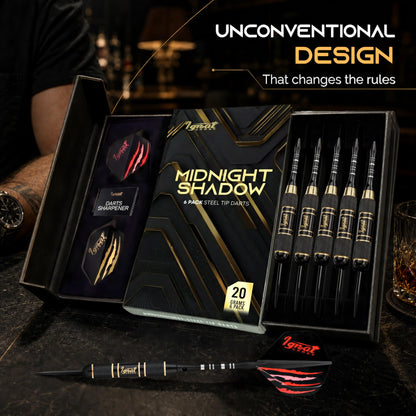 IgnatGames Darkborn Midnight Shadow 20 g steel tip darts in the open gift case with spare flights and sharpener