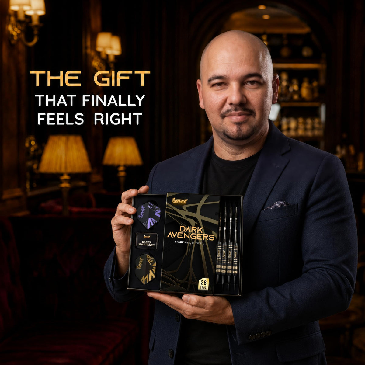 Man presenting the IgnatGames Darkborn Dark Avenger 26 g darts gift box