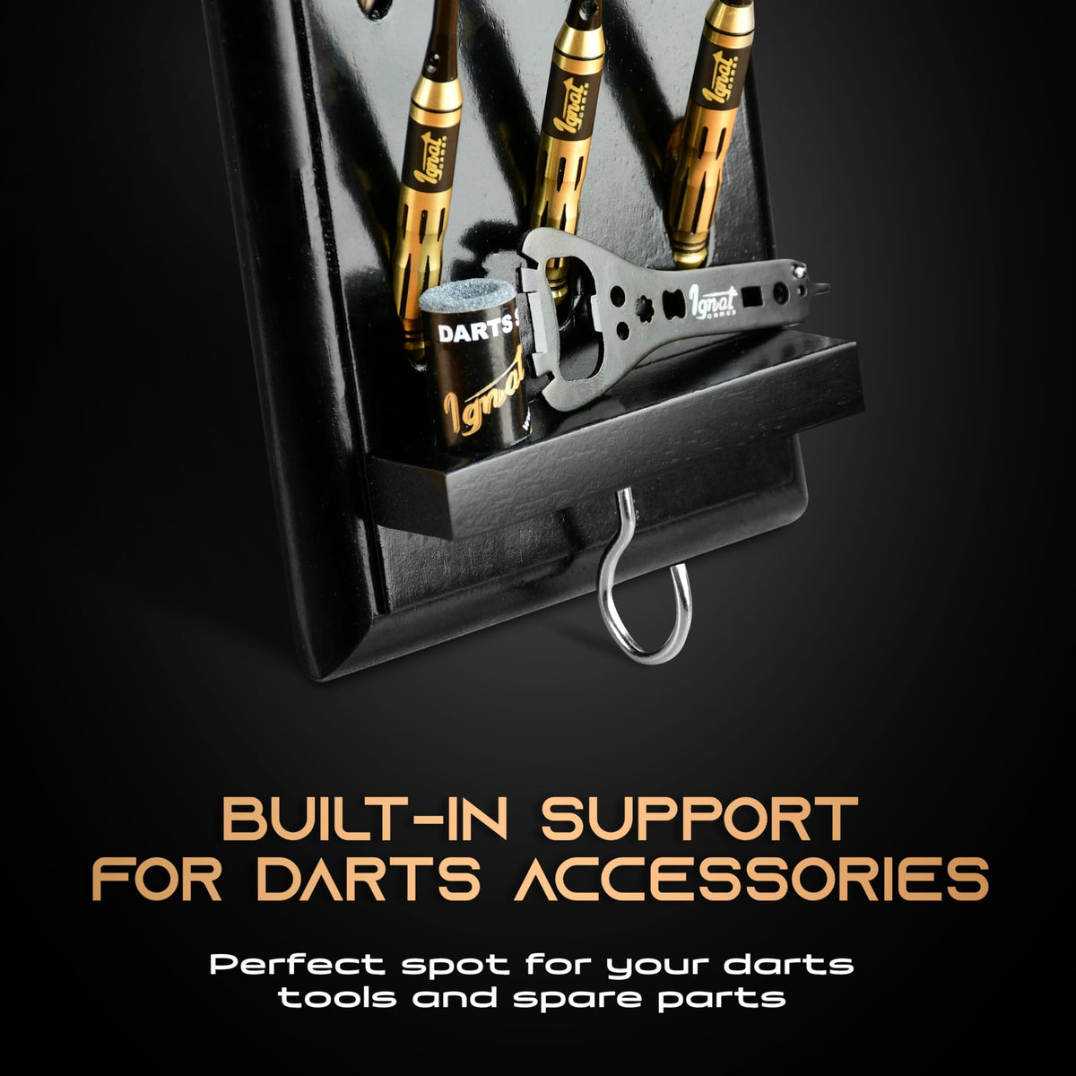 Accessory shelf and hook of the IgnatGames dart holder with a dart wrench and sharpener