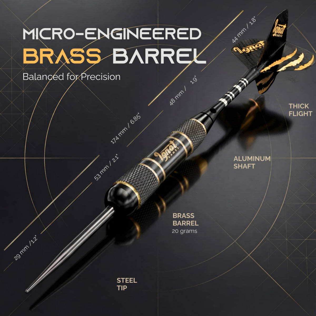 IgnatGames Darkborn Midnight Shadow 20 g steel tip dart with brass barrel, aluminum shaft and flight, with dimensions