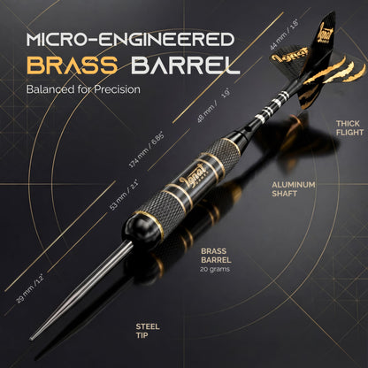 IgnatGames Darkborn Midnight Shadow 20 g steel tip dart with brass barrel, aluminum shaft and flight, with dimensions