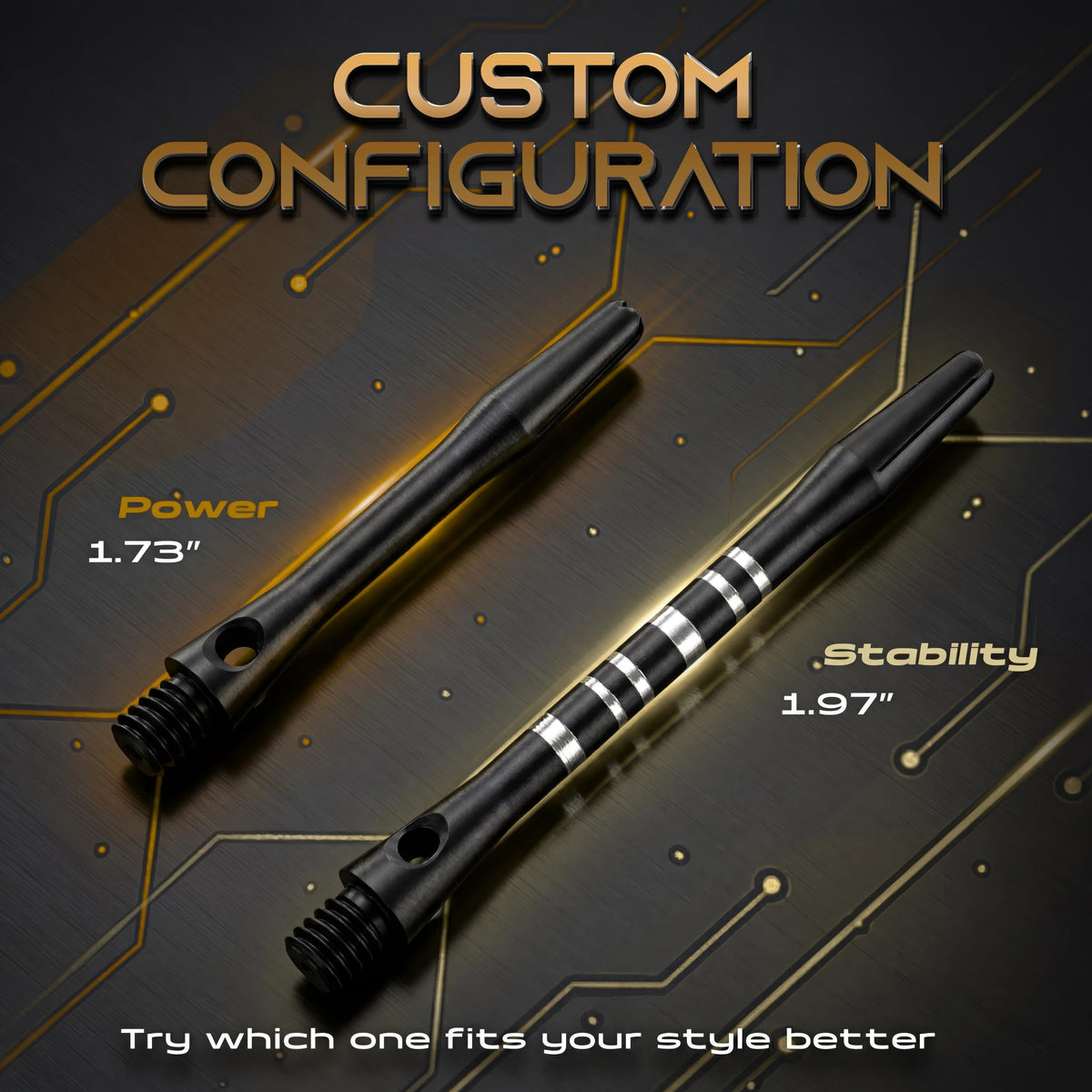Two aluminum shaft lengths, 1.73 and 1.97 inches, from the IgnatGames Darts Upgrade Kit
