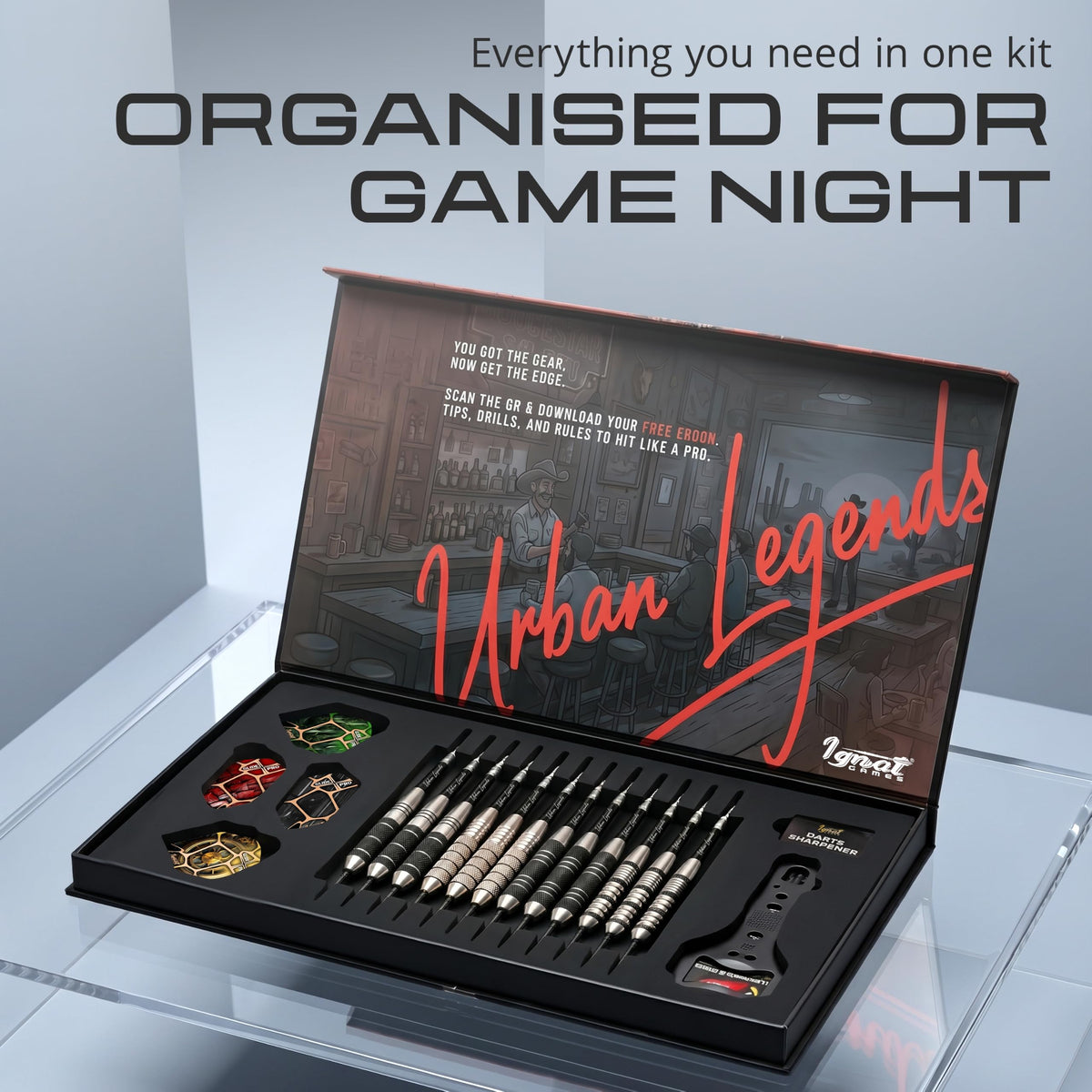 IgnatGames Urban Legends Texas Bullseye darts set in the open presentation case