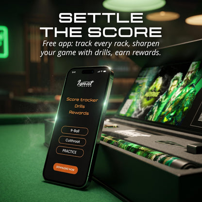 IgnatGames Wildstrike pool cue box next to a phone showing the IgnatGames app score tracker and drills