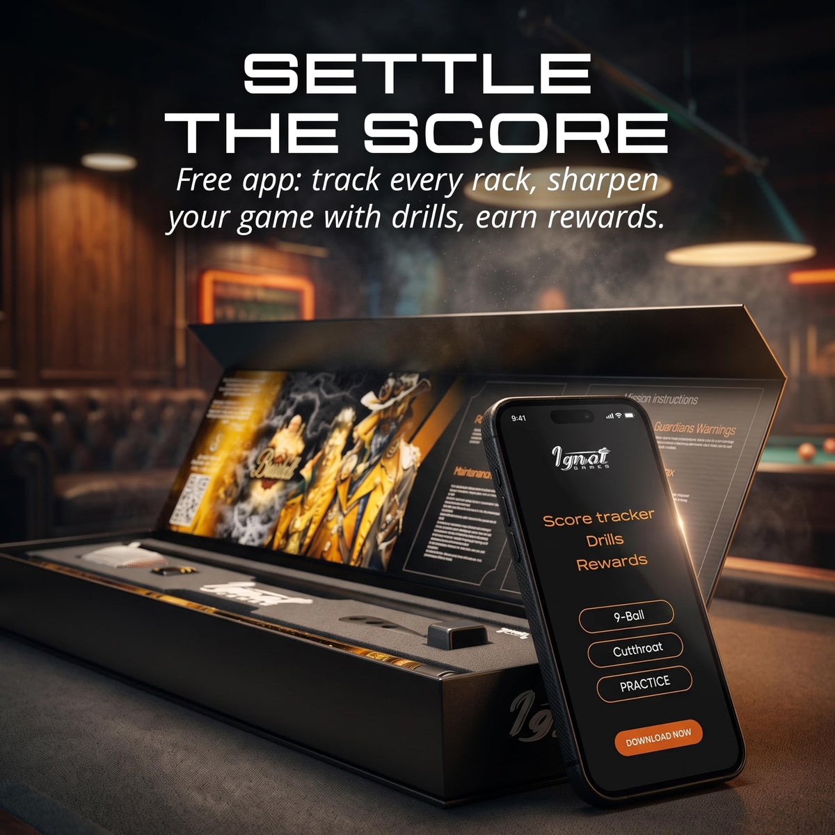 IgnatGames Brassbolt pool cue box next to a phone showing the IgnatGames app score tracker and drills