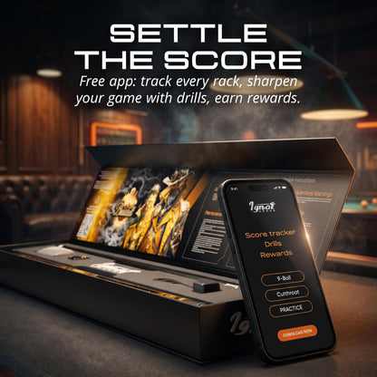 IgnatGames Brassbolt pool cue box next to a phone showing the IgnatGames app score tracker and drills
