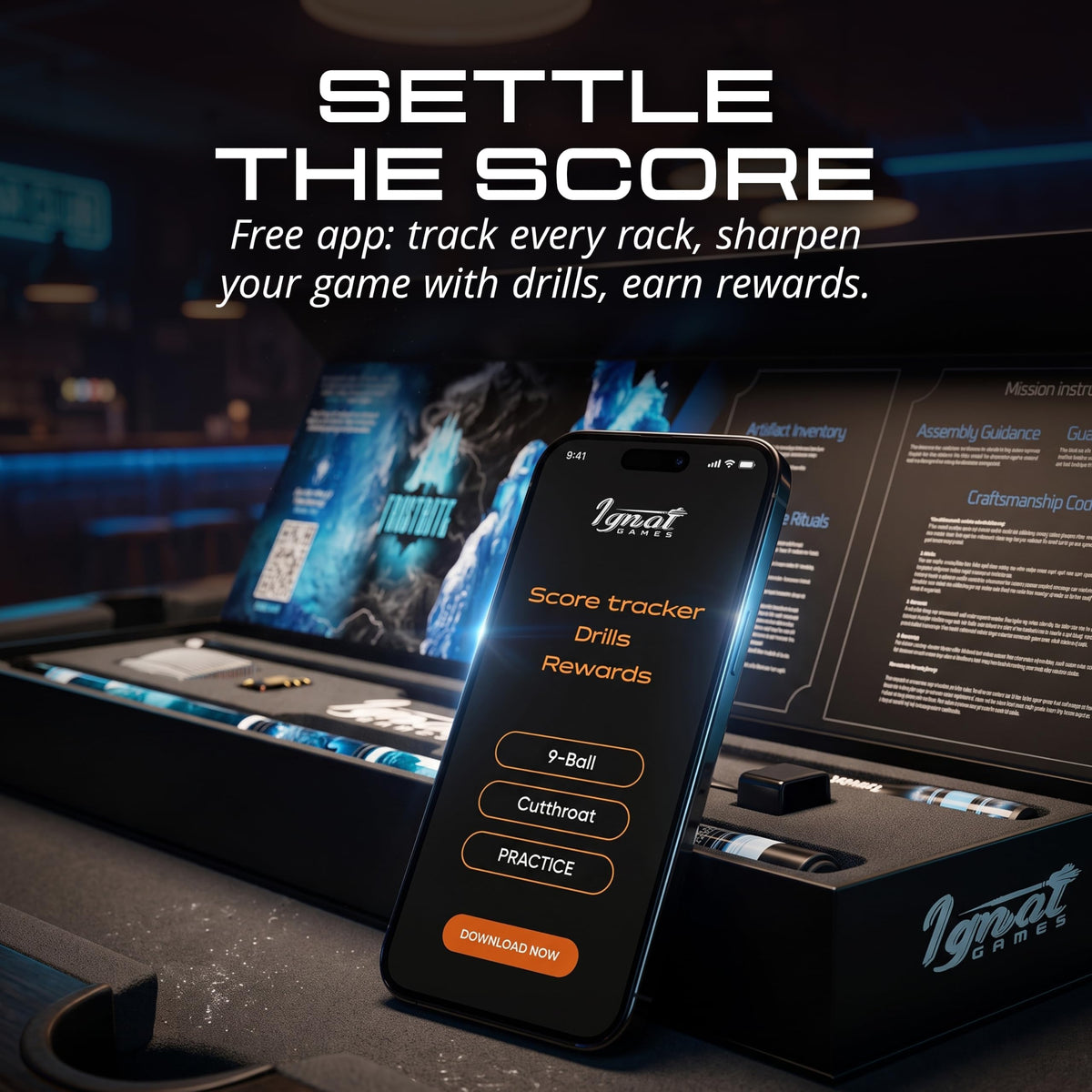 IgnatGames Frostbyte pool cue box next to a phone showing the IgnatGames app score tracker and drills