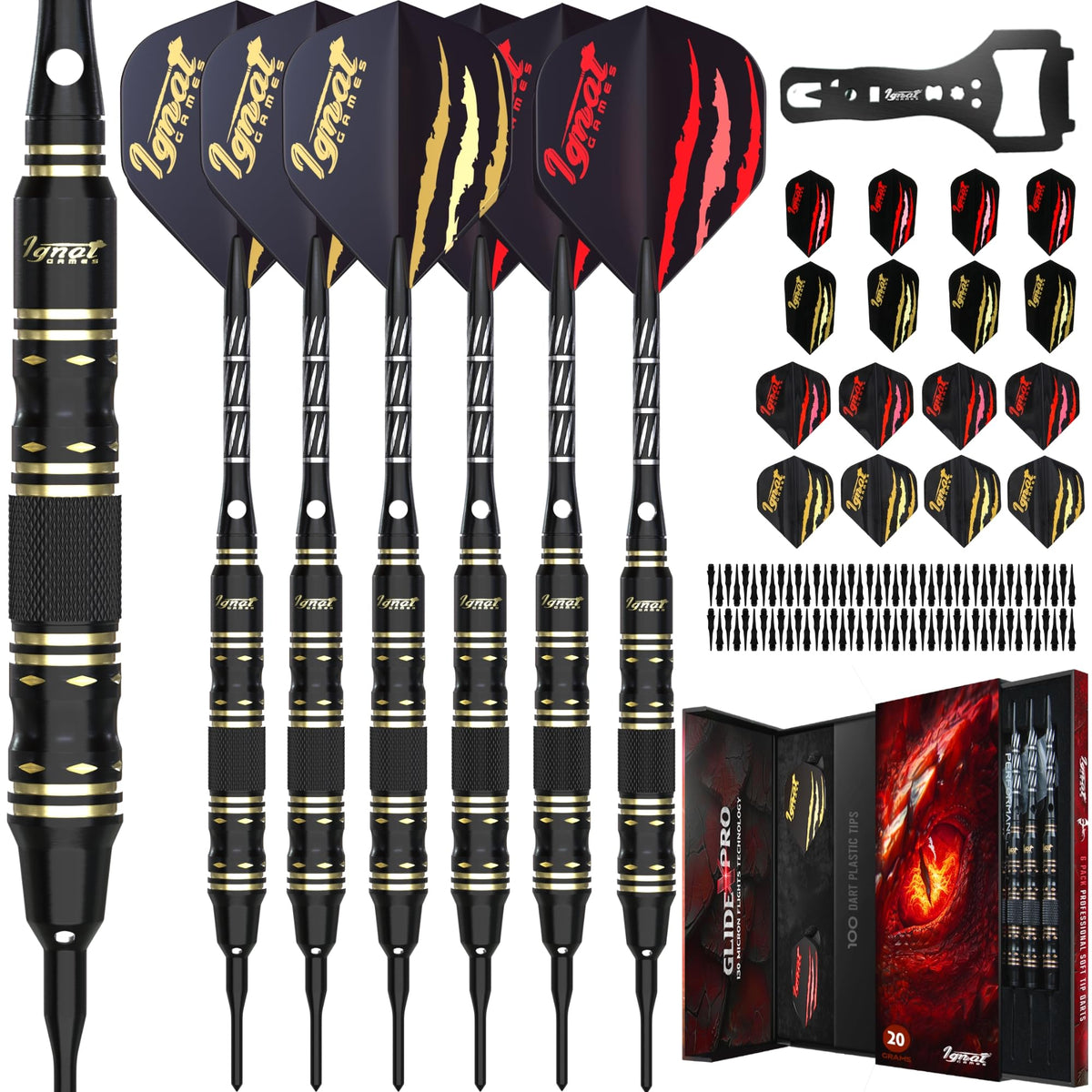 IgnatGames Ancient Dragon 20 g soft tip darts set with 6 darts, dart wrench and box