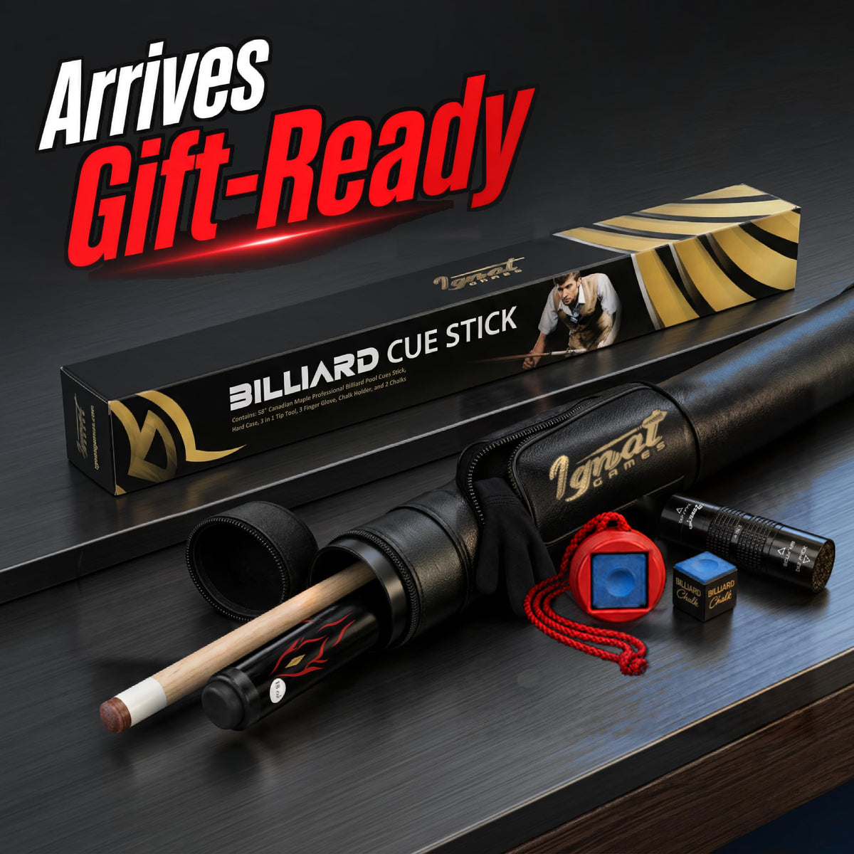 IgnatGames Tribal Vanguard Red pool cue in its case next to the gift box, with chalk holder and chalk