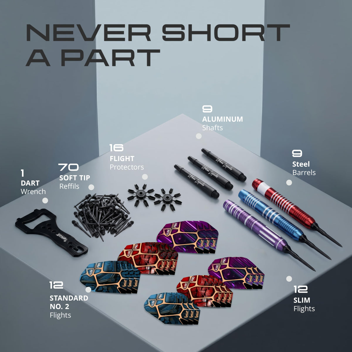 Contents of the IgnatGames Urban Legends LA Starlight 9-pack: barrels, aluminum shafts, flights, flight protectors, 70 soft tips and wrench