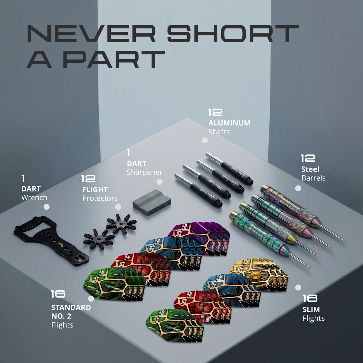Contents of the IgnatGames Urban Legends Vegas Lights 12-pack: barrels, aluminum shafts, flights, flight protectors, wrench and sharpener