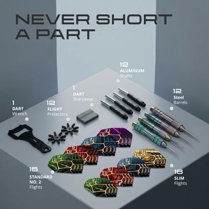 Contents of the IgnatGames Urban Legends Vegas Lights 12-pack: barrels, aluminum shafts, flights, flight protectors, wrench and sharpener