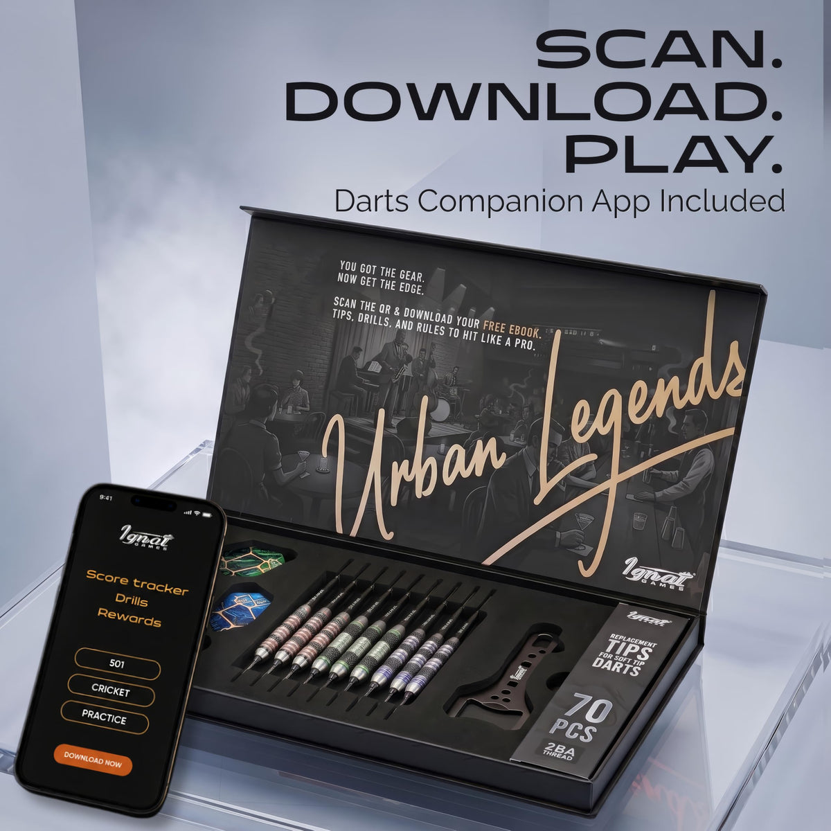 IgnatGames Urban Legends Chicago Steel soft tip darts in the open case next to a phone with the IgnatGames darts app