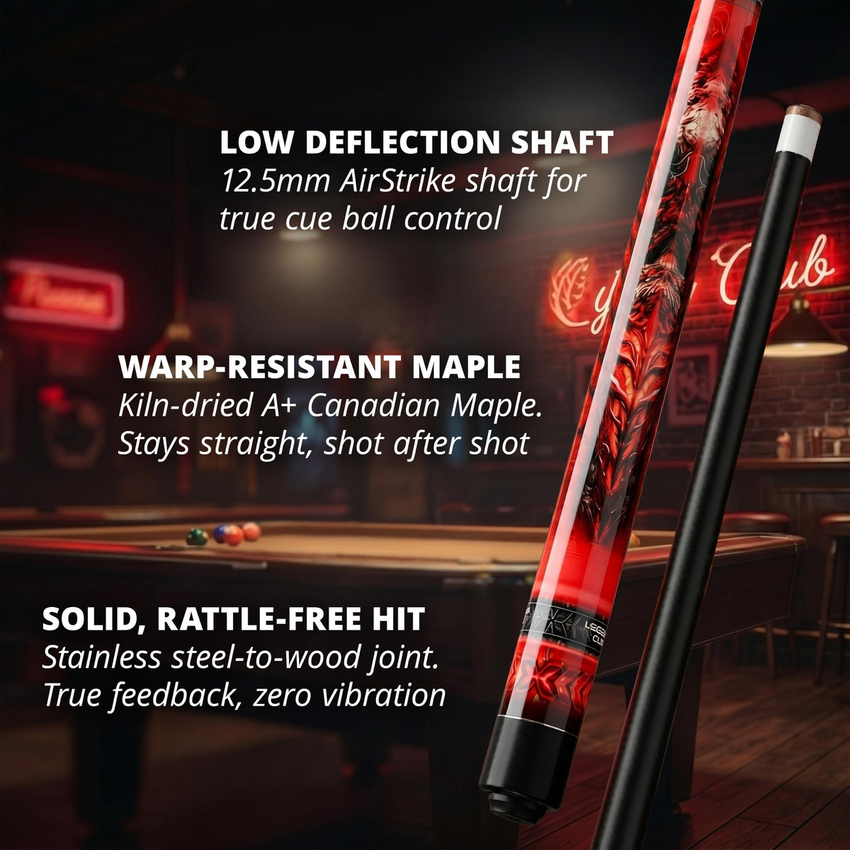 Close-up of the IgnatGames Flamestorm pool cue shaft, joint and butt in a pool hall