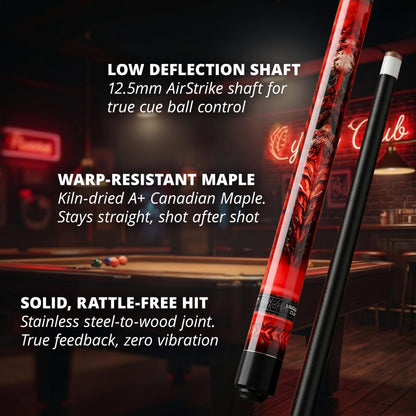 Close-up of the IgnatGames Flamestorm pool cue shaft, joint and butt in a pool hall