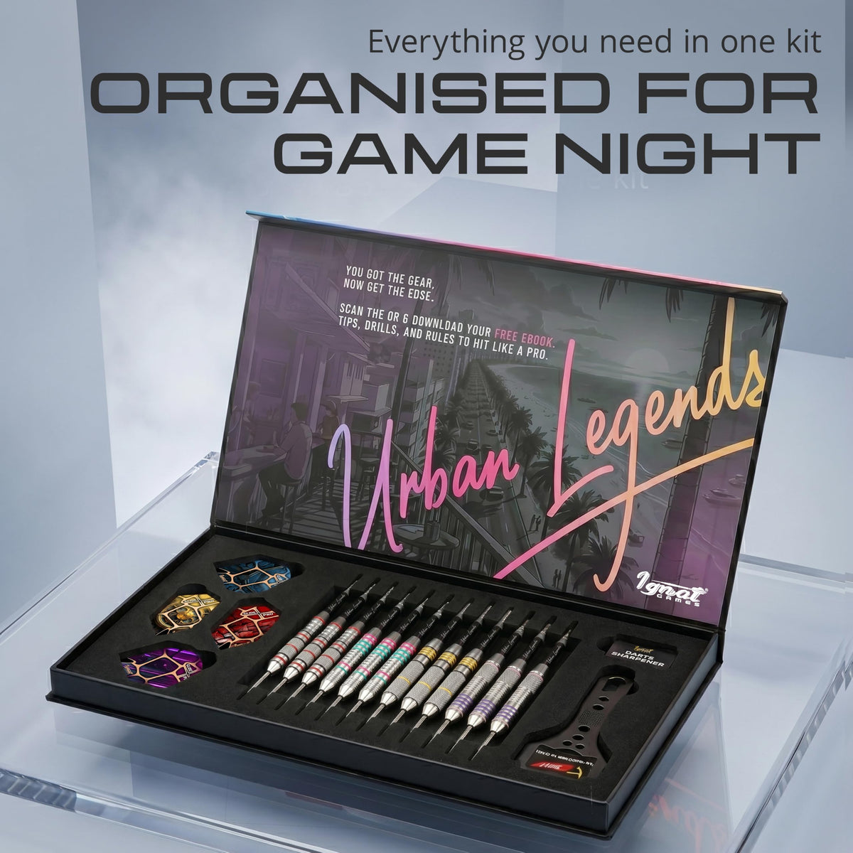 IgnatGames Urban Legends Miami Breeze darts set in the open presentation case