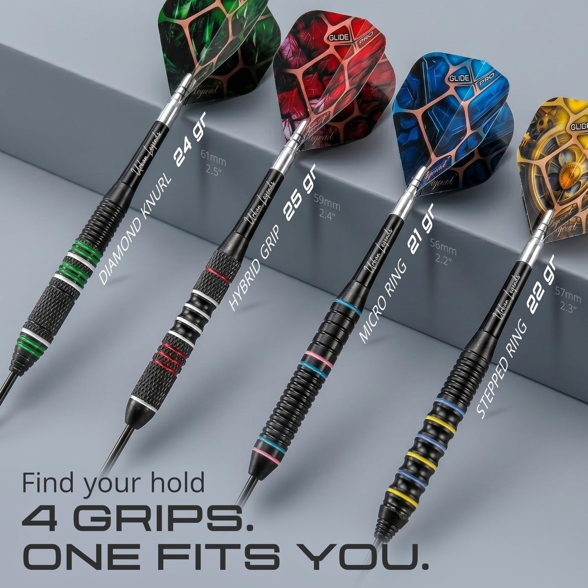 Four IgnatGames Urban Legends Manhattan Midnight steel tip darts with four different grip patterns