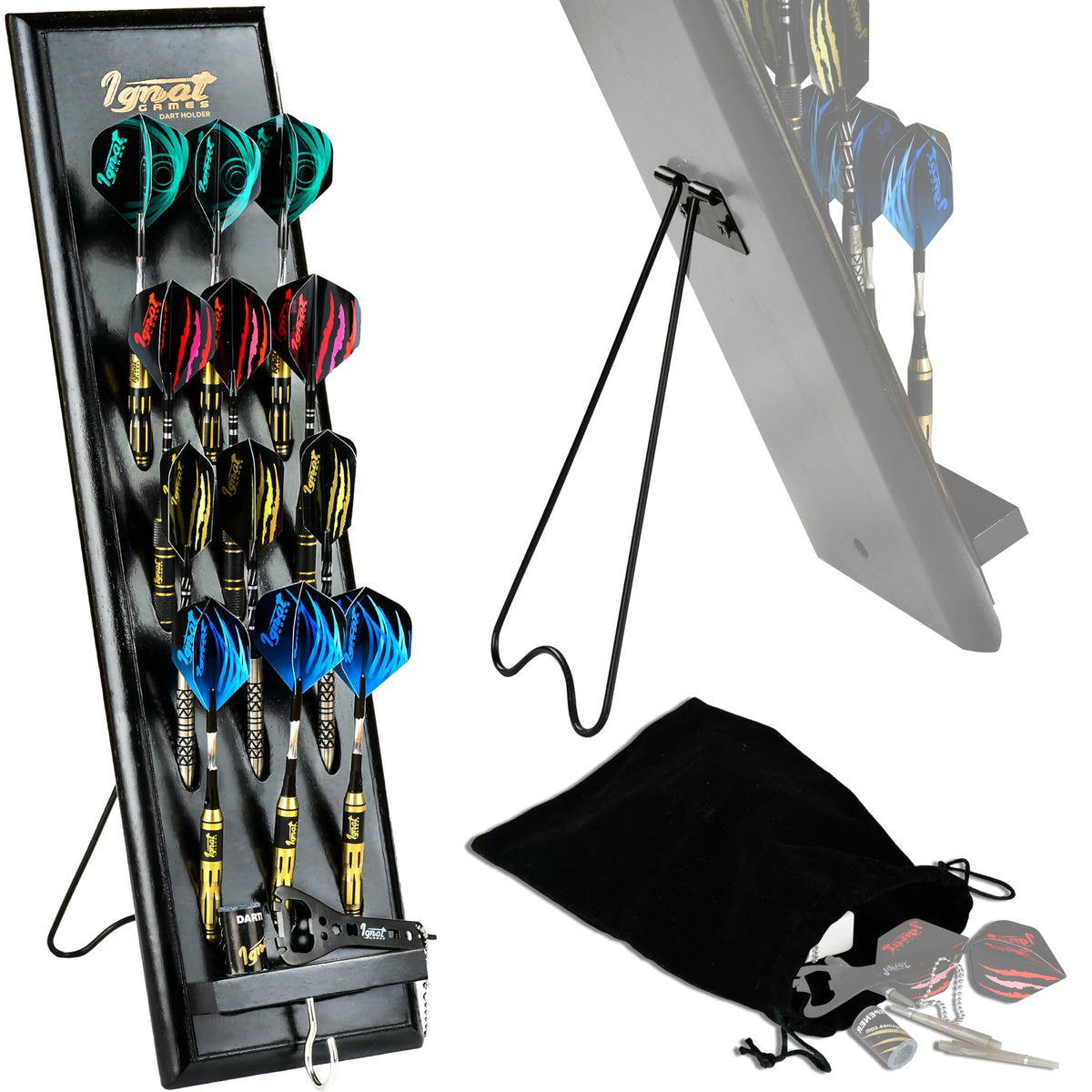 IgnatGames wooden dart holder for 12 darts with table stand and velvet storage bag
