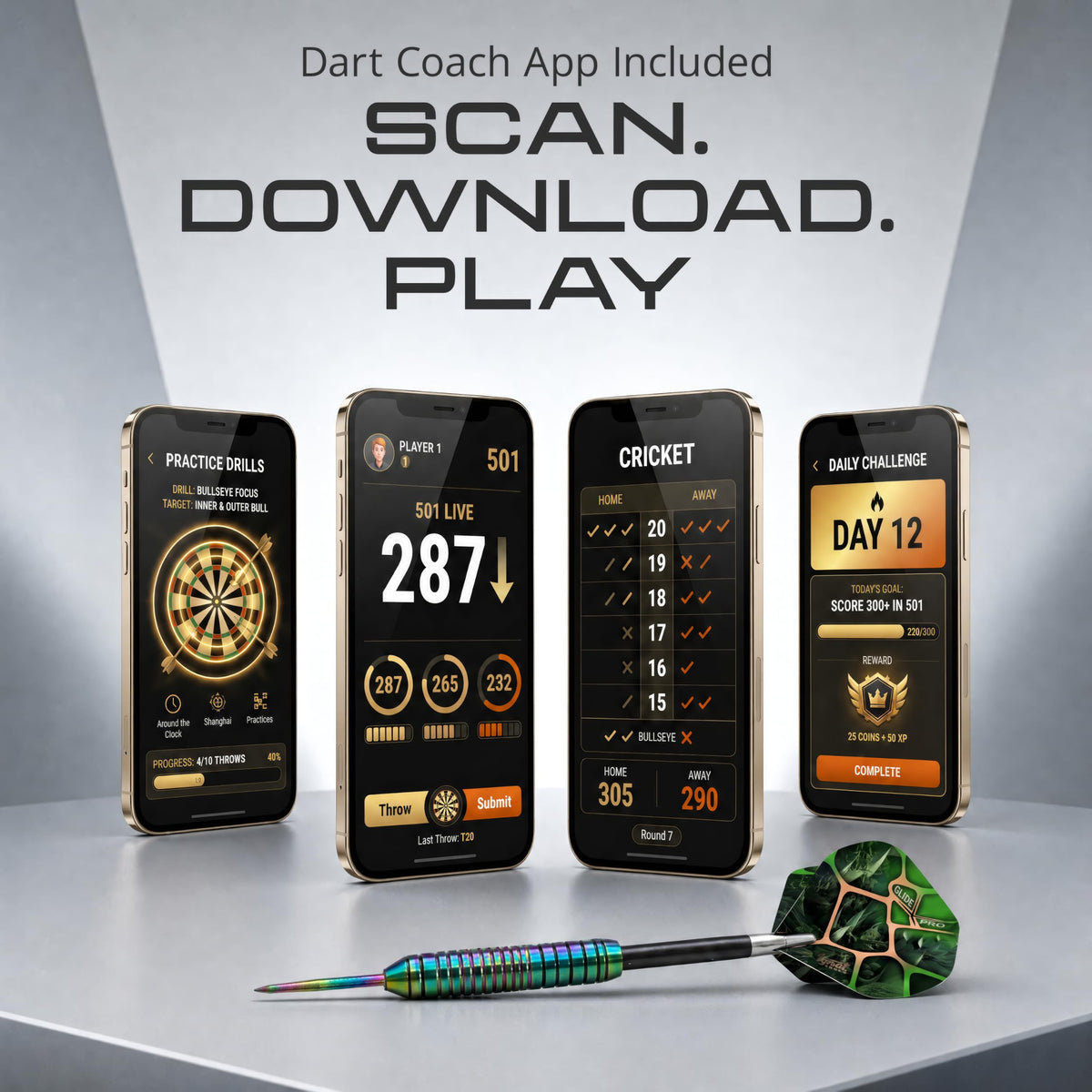 Phones showing the IgnatGames darts app: practice drills, 501 and Cricket scoring