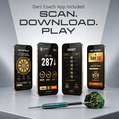 Phones showing the IgnatGames darts app: practice drills, 501 and Cricket scoring