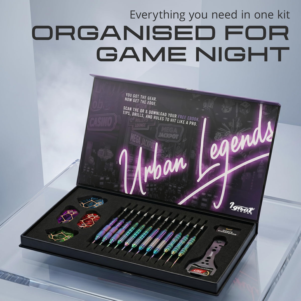 IgnatGames Urban Legends Vegas Lights darts set in the open presentation case