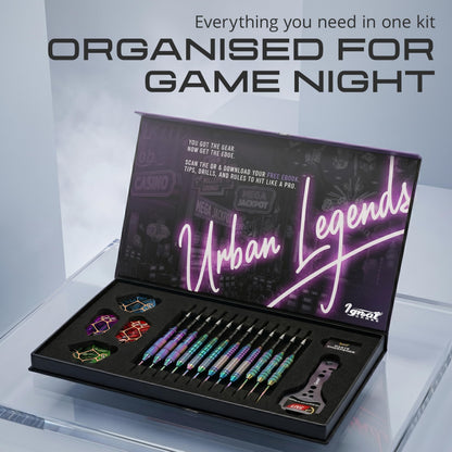 IgnatGames Urban Legends Vegas Lights darts set in the open presentation case