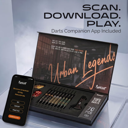 IgnatGames Urban Legends Boston Lanterns soft tip darts in the open case next to a phone with the IgnatGames darts app