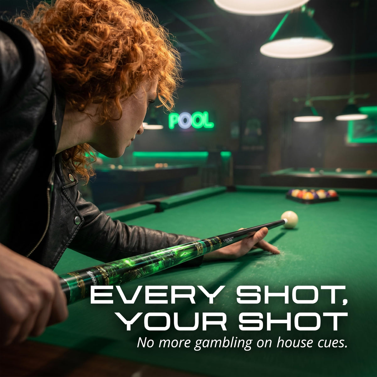 Player lining up a shot on a pool table with the IgnatGames Wildstrike pool cue