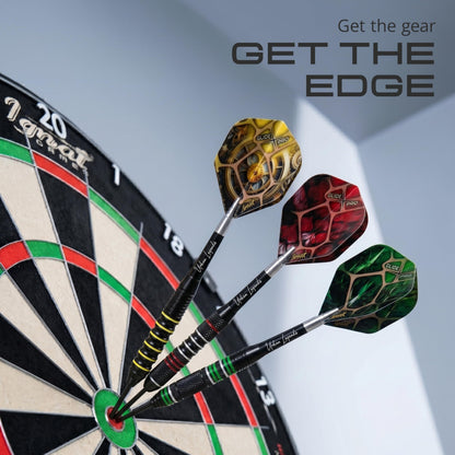 IgnatGames Urban Legends Manhattan Midnight steel tip darts in a dartboard