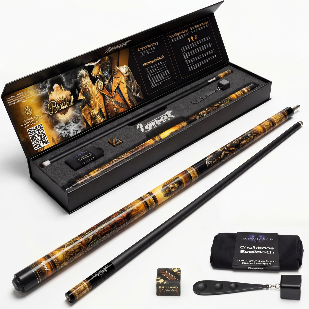 IgnatGames Brassbolt two-piece pool cue in its open gift box, with tip tool, chalk holder and cleaning cloth